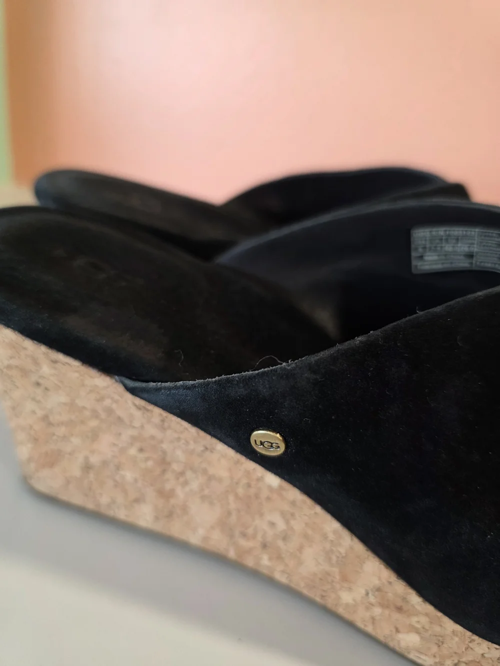 UGG Dominique Black Suede Cork Wedge Slide Mules 9 Boho Chic Festival